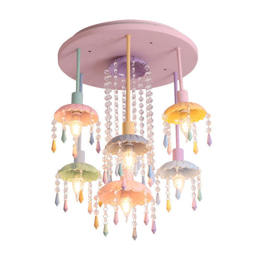 Scallop Shade Ceiling Light Macaron Metal 7 Lights Pink Semi-Flush Mount Light for Bedroom with Crystal Drop Clearhalo 'Ceiling Lights' 'Close To Ceiling Lights' 'Close to ceiling' 'Semi-flushmount' Lighting' 809982