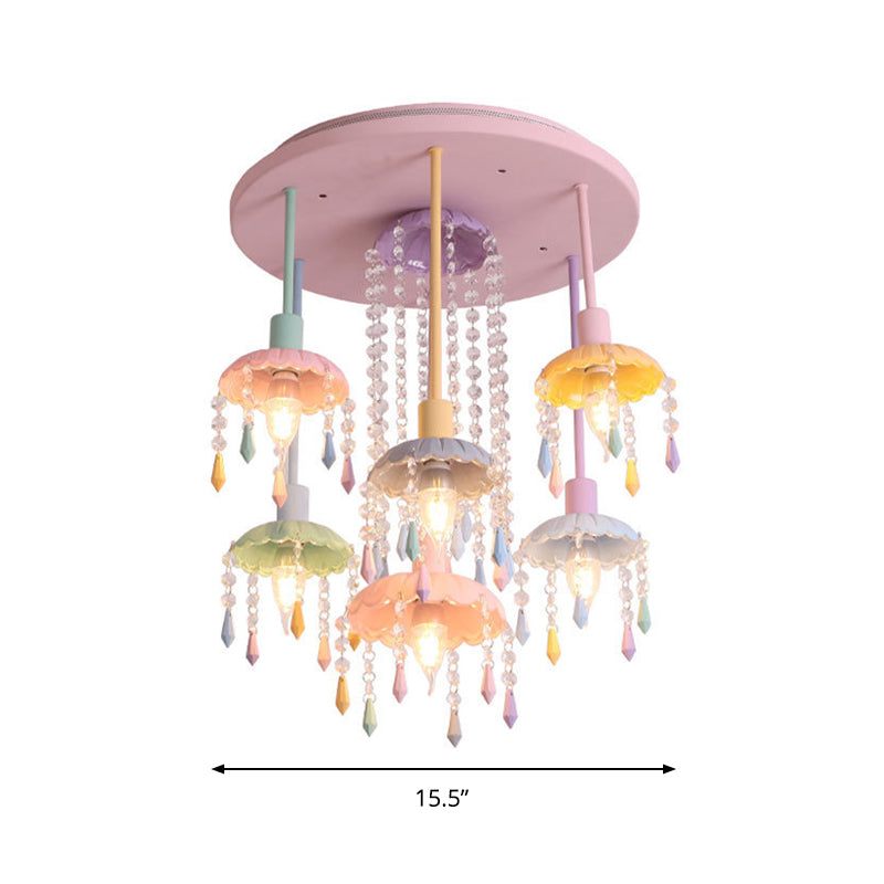 Scallop Shade Ceiling Light Macaron Metal 7 Lights Pink Semi-Flush Mount Light for Bedroom with Crystal Drop Clearhalo 'Ceiling Lights' 'Close To Ceiling Lights' 'Close to ceiling' 'Semi-flushmount' Lighting' 809983