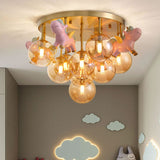 Metal Cartoon Pony Semi-Flush Mount Lamp Macaron 9 Heads Gold Ceiling Light Fixture with Globe Amber Glass Shade Gold Clearhalo 'Ceiling Lights' 'Close To Ceiling Lights' 'Close to ceiling' 'Semi-flushmount' Lighting' 809988