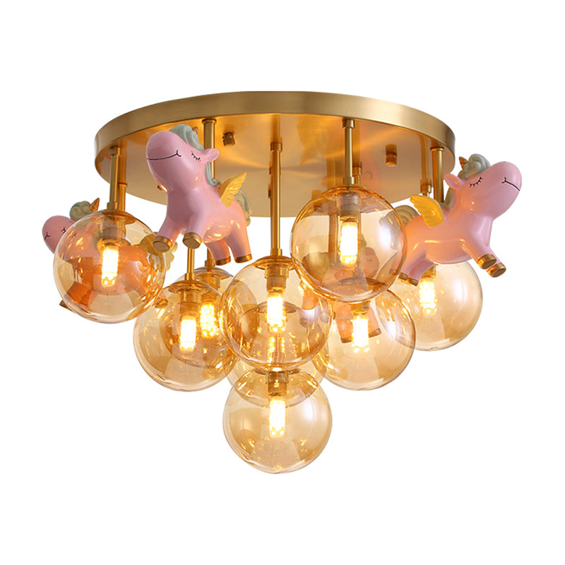 Metal Cartoon Pony Semi-Flush Mount Lamp Macaron 9 Heads Gold Ceiling Light Fixture with Globe Amber Glass Shade Clearhalo 'Ceiling Lights' 'Close To Ceiling Lights' 'Close to ceiling' 'Semi-flushmount' Lighting' 809990