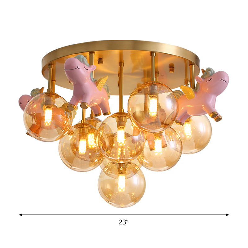 Metal Cartoon Pony Semi-Flush Mount Lamp Macaron 9 Heads Gold Ceiling Light Fixture with Globe Amber Glass Shade Clearhalo 'Ceiling Lights' 'Close To Ceiling Lights' 'Close to ceiling' 'Semi-flushmount' Lighting' 809991