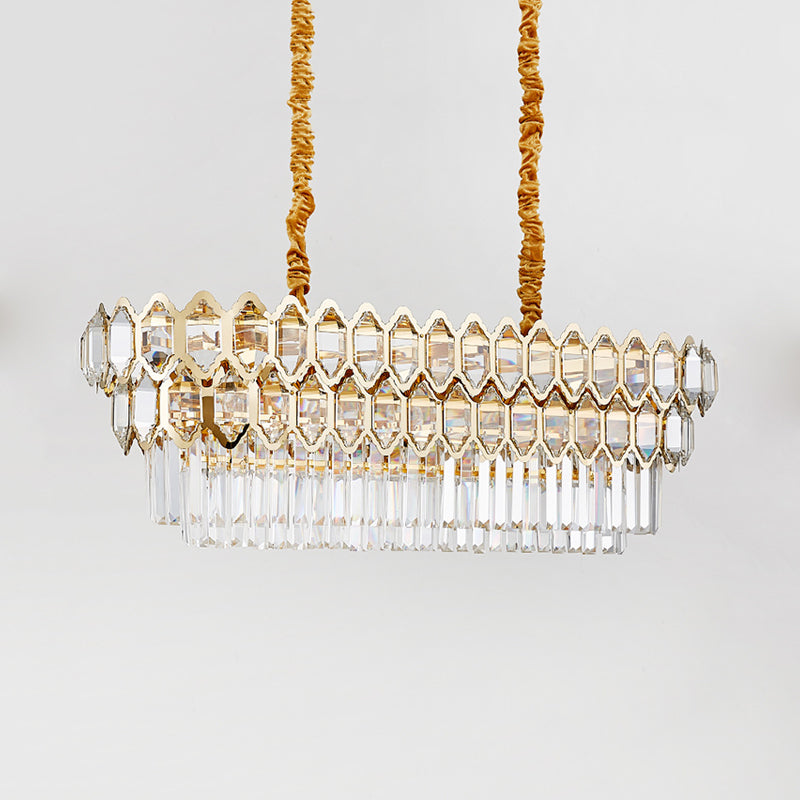 10-Bulb Quatrefoil Tiered Island Lamp Modernist Gold Prismatic Crystal Ceiling Pendant Light Clearhalo 'Ceiling Lights' 'Island Lights' Lighting' 810064