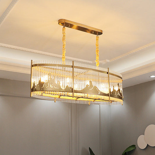 Oval Crystal Rod Island Lighting Modernism 8-Head Dining Room Pendant Lamp with Carved Mountain Pattern in Gold Gold Clearhalo 'Ceiling Lights' 'Island Lights' Lighting' 810066