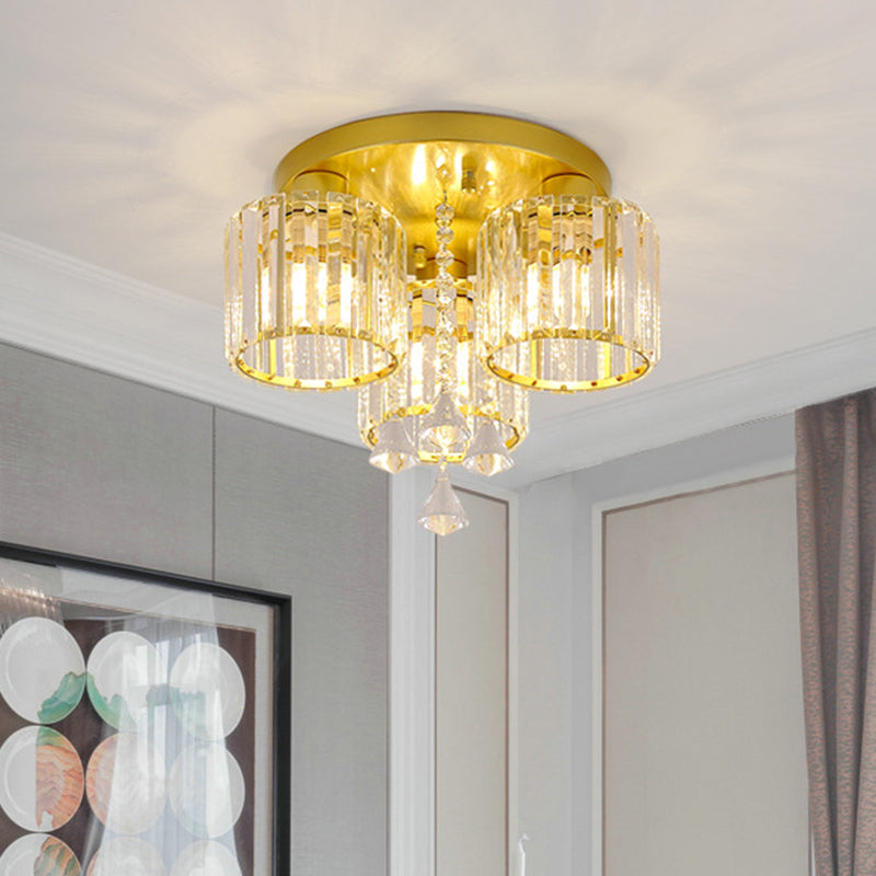 Crystal Prism Gold Finish Ceiling Light Cylindrical 3/5-Head Mid Century Semi Flush Mount Chandelier 3 Gold Clearhalo 'Ceiling Lights' 'Close To Ceiling Lights' 'Close to ceiling' 'Semi-flushmount' Lighting' 810074