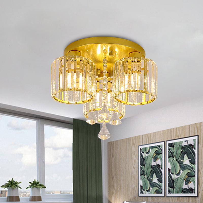 Crystal Prism Gold Finish Ceiling Light Cylindrical 3/5-Head Mid Century Semi Flush Mount Chandelier Clearhalo 'Ceiling Lights' 'Close To Ceiling Lights' 'Close to ceiling' 'Semi-flushmount' Lighting' 810075