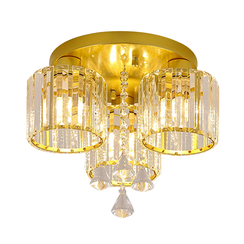 Crystal Prism Gold Finish Ceiling Light Cylindrical 3/5-Head Mid Century Semi Flush Mount Chandelier Clearhalo 'Ceiling Lights' 'Close To Ceiling Lights' 'Close to ceiling' 'Semi-flushmount' Lighting' 810076