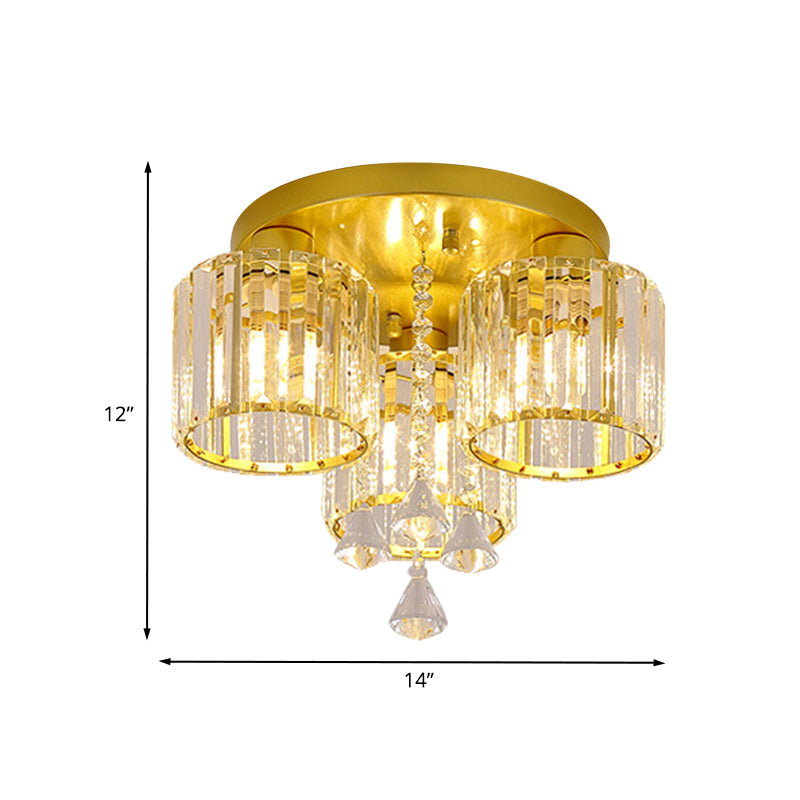 Crystal Prism Gold Finish Ceiling Light Cylindrical 3/5-Head Mid Century Semi Flush Mount Chandelier Clearhalo 'Ceiling Lights' 'Close To Ceiling Lights' 'Close to ceiling' 'Semi-flushmount' Lighting' 810077