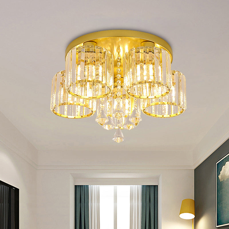 Crystal Prism Gold Finish Ceiling Light Cylindrical 3/5-Head Mid Century Semi Flush Mount Chandelier 5 Gold Clearhalo 'Ceiling Lights' 'Close To Ceiling Lights' 'Close to ceiling' 'Semi-flushmount' Lighting' 810078