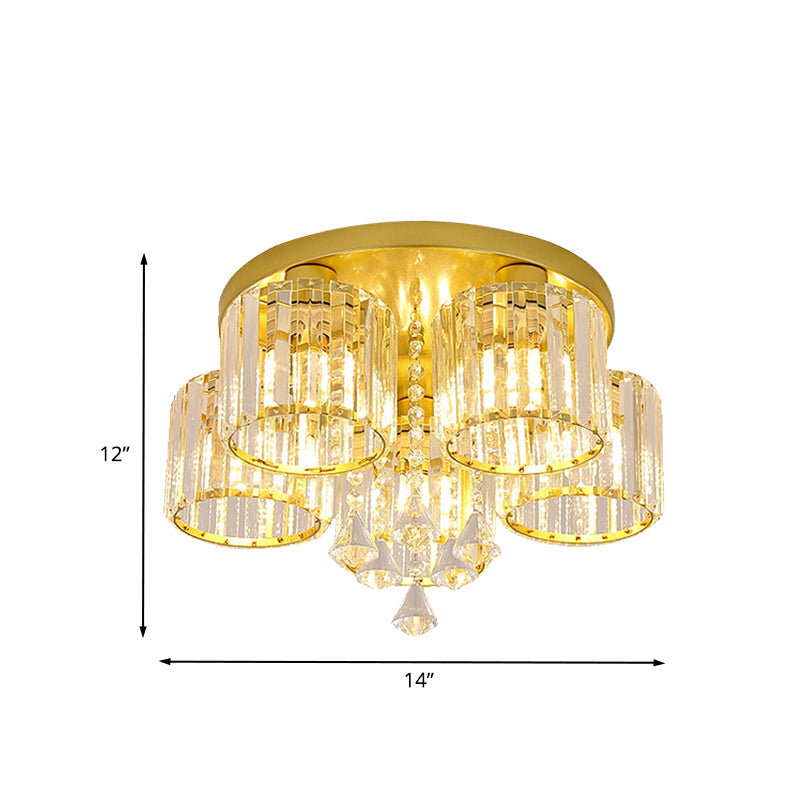 Crystal Prism Gold Finish Ceiling Light Cylindrical 3/5-Head Mid Century Semi Flush Mount Chandelier Clearhalo 'Ceiling Lights' 'Close To Ceiling Lights' 'Close to ceiling' 'Semi-flushmount' Lighting' 810082