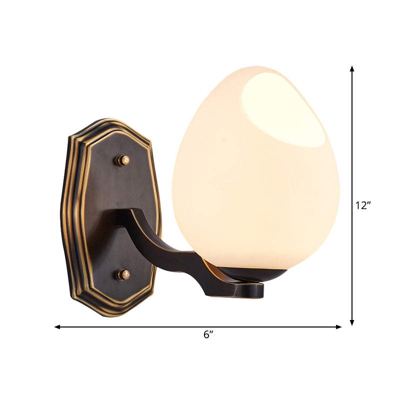 Traditionalist Egg-Like Wall Sconce Lighting 1 Light White Frosted Glass Wall Lamp in Black Clearhalo 'Wall Lamps & Sconces' 'Wall Lights' Lighting' 810086