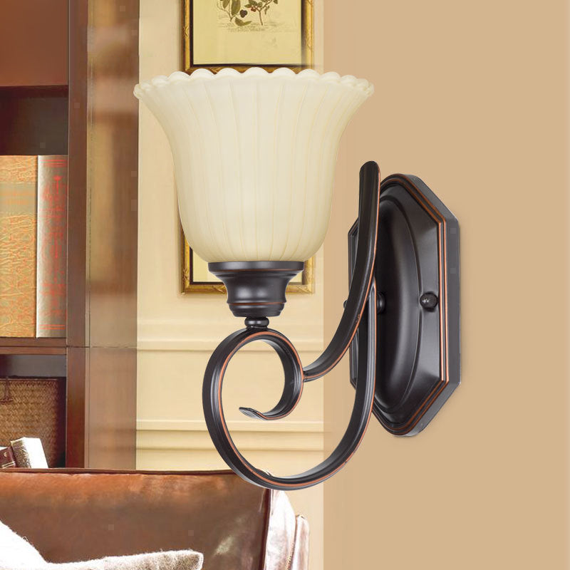 1 Head Wall Lighting Antiqued Corner Wall Mount Lamp with Flower White Glass Shade in Black Black Clearhalo 'Wall Lamps & Sconces' 'Wall Lights' Lighting' 810087