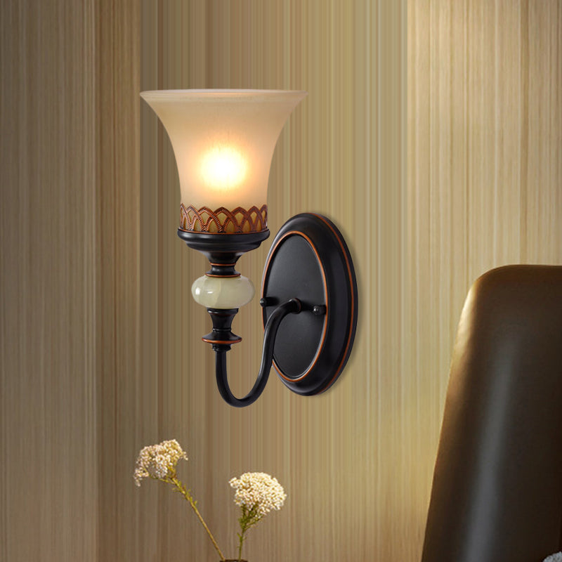 Black Bell Up Wall Mounted Light Vintage Tan Glass 1 Bulb Living Room Wall Lamp Fixture Black Clearhalo 'Wall Lamps & Sconces' 'Wall Lights' Lighting' 810091