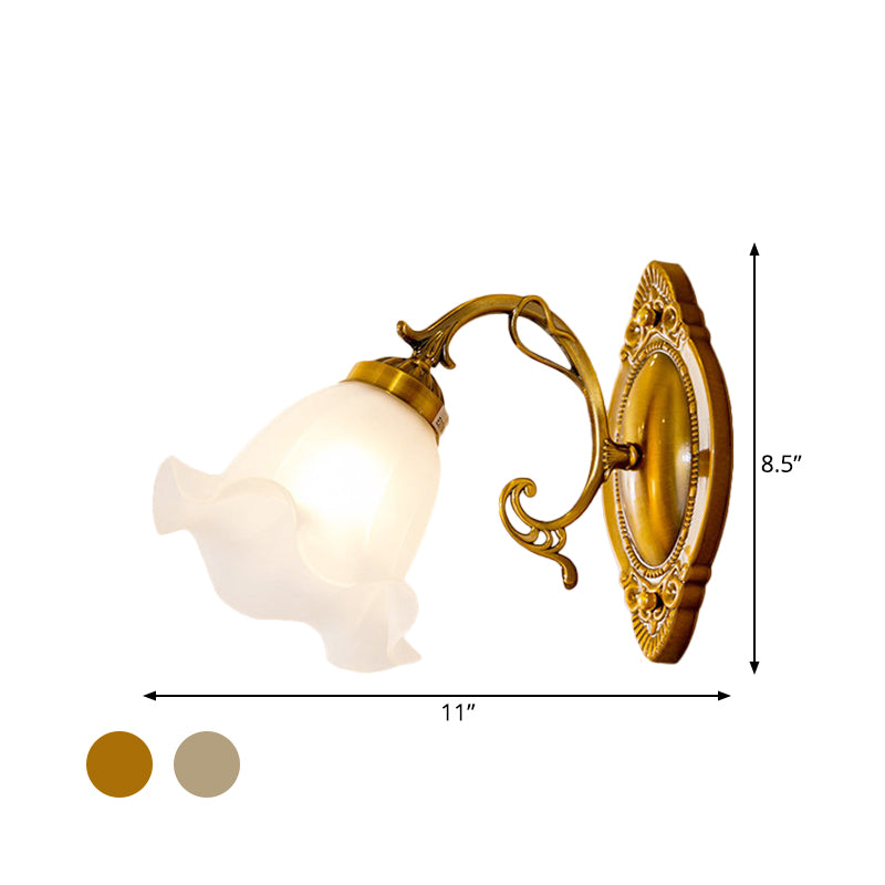 1 Light Opal Glass Wall Lighting Idea Traditional Brass/Bronze Finish Flower Indoor Wall Mount Lamp Clearhalo 'Wall Lamps & Sconces' 'Wall Lights' Lighting' 810098