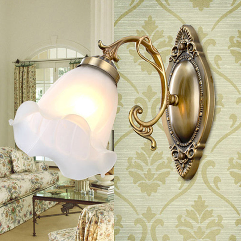 1 Light Opal Glass Wall Lighting Idea Traditional Brass/Bronze Finish Flower Indoor Wall Mount Lamp Bronze Clearhalo 'Wall Lamps & Sconces' 'Wall Lights' Lighting' 810099