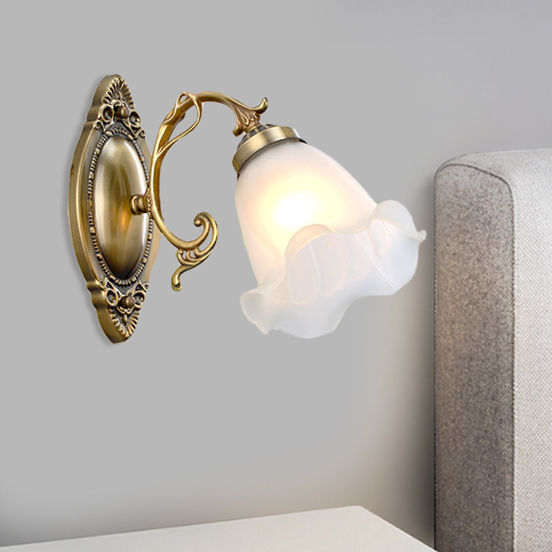 1 Light Opal Glass Wall Lighting Idea Traditional Brass/Bronze Finish Flower Indoor Wall Mount Lamp Clearhalo 'Wall Lamps & Sconces' 'Wall Lights' Lighting' 810100