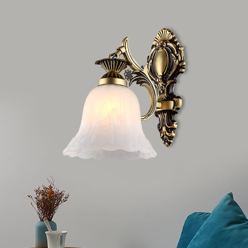 Cream Glass Floral-Shape Wall Mount Lamp Vintage 1/2 Heads Indoor Wall Light Fixture in Bronze 1.0 Bronze Clearhalo 'Wall Lamps & Sconces' 'Wall Lights' Lighting' 810103