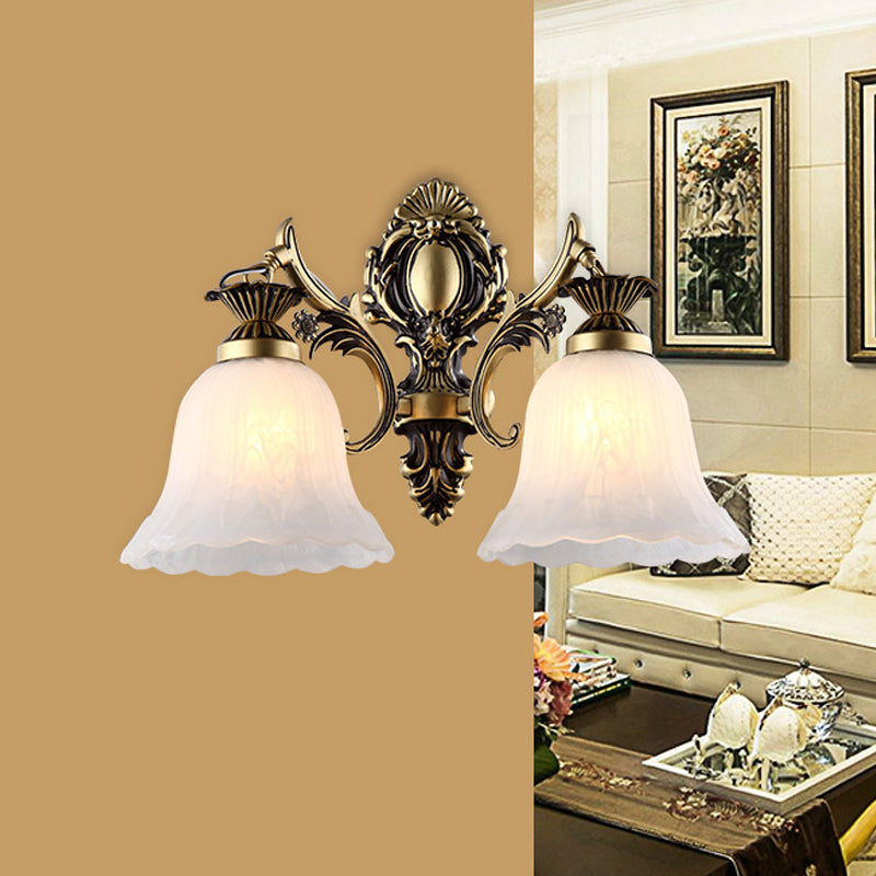 Cream Glass Floral-Shape Wall Mount Lamp Vintage 1/2 Heads Indoor Wall Light Fixture in Bronze 2.0 Bronze Clearhalo 'Wall Lamps & Sconces' 'Wall Lights' Lighting' 810107