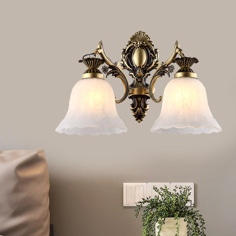 Cream Glass Floral-Shape Wall Mount Lamp Vintage 1/2 Heads Indoor Wall Light Fixture in Bronze Clearhalo 'Wall Lamps & Sconces' 'Wall Lights' Lighting' 810108