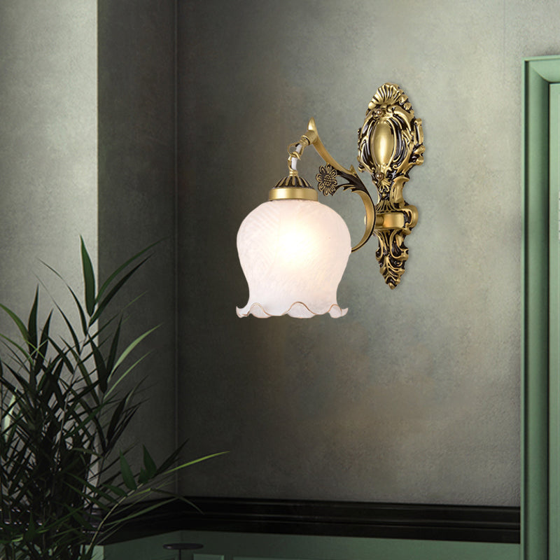 Antiqued Flower Wall Mount Lighting 1/2-Head Opal Glass Wall Lamp Fixture in Bronze for Bedroom Clearhalo 'Wall Lamps & Sconces' 'Wall Lights' Lighting' 810113