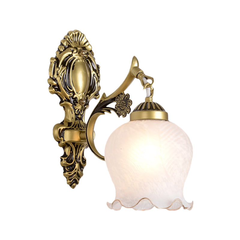 Antiqued Flower Wall Mount Lighting 1/2-Head Opal Glass Wall Lamp Fixture in Bronze for Bedroom Clearhalo 'Wall Lamps & Sconces' 'Wall Lights' Lighting' 810114