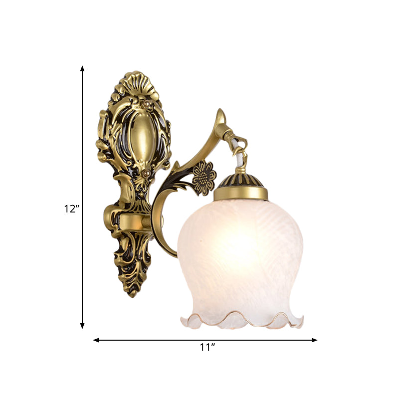 Antiqued Flower Wall Mount Lighting 1/2-Head Opal Glass Wall Lamp Fixture in Bronze for Bedroom Clearhalo 'Wall Lamps & Sconces' 'Wall Lights' Lighting' 810115