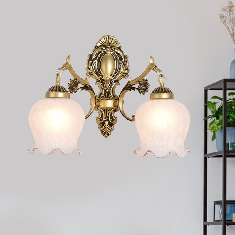 Antiqued Flower Wall Mount Lighting 1/2-Head Opal Glass Wall Lamp Fixture in Bronze for Bedroom 2.0 Bronze Clearhalo 'Wall Lamps & Sconces' 'Wall Lights' Lighting' 810116