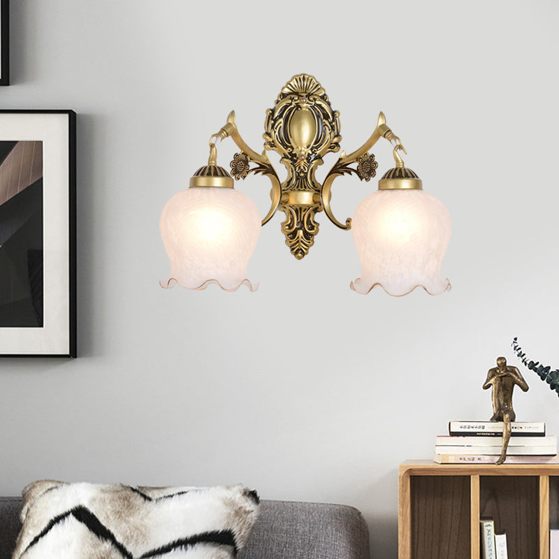 Antiqued Flower Wall Mount Lighting 1/2-Head Opal Glass Wall Lamp Fixture in Bronze for Bedroom Clearhalo 'Wall Lamps & Sconces' 'Wall Lights' Lighting' 810118