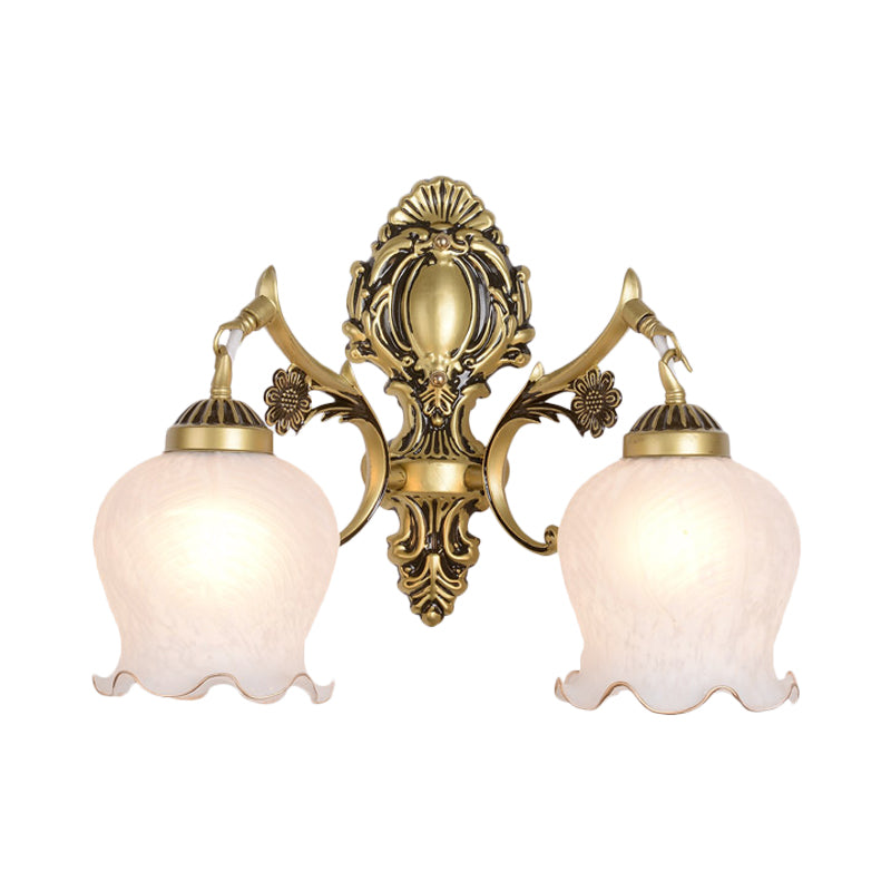 Antiqued Flower Wall Mount Lighting 1/2-Head Opal Glass Wall Lamp Fixture in Bronze for Bedroom Clearhalo 'Wall Lamps & Sconces' 'Wall Lights' Lighting' 810119