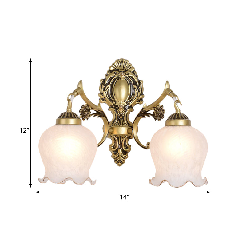 Antiqued Flower Wall Mount Lighting 1/2-Head Opal Glass Wall Lamp Fixture in Bronze for Bedroom Clearhalo 'Wall Lamps & Sconces' 'Wall Lights' Lighting' 810120