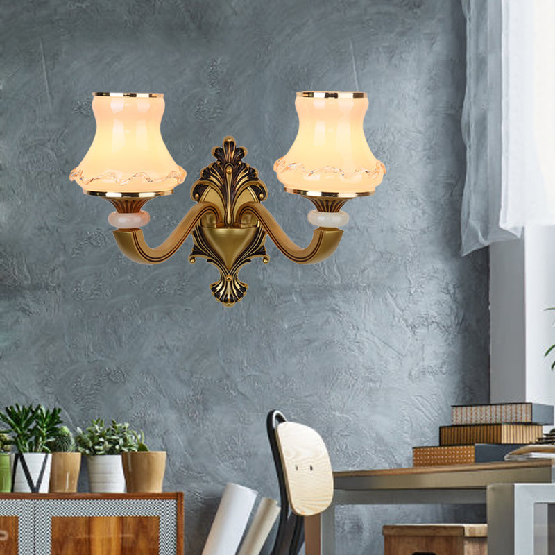 Frosted Glass Urn Shaped Wall Lamp Vintage Style 1/2-Bulb Living Room Wall Mount Lighting in Brass Clearhalo 'Wall Lamps & Sconces' 'Wall Lights' Lighting' 810127