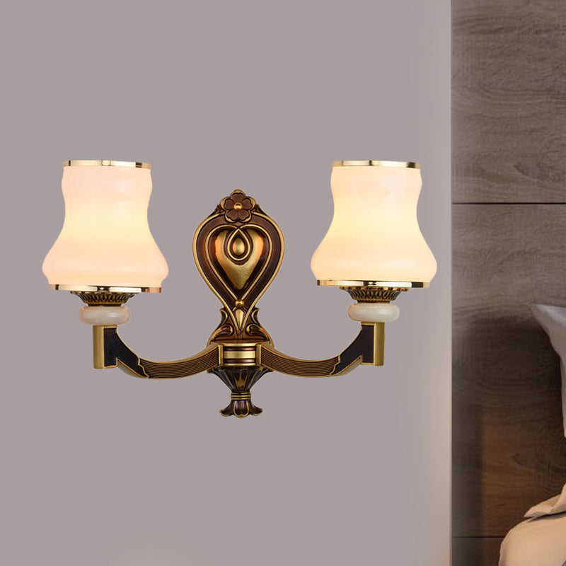 Frosted Glass Urn Shaped Wall Lamp Vintage Style 1/2-Bulb Living Room Wall Mount Lighting in Brass 2.0 Brass B Clearhalo 'Wall Lamps & Sconces' 'Wall Lights' Lighting' 810135