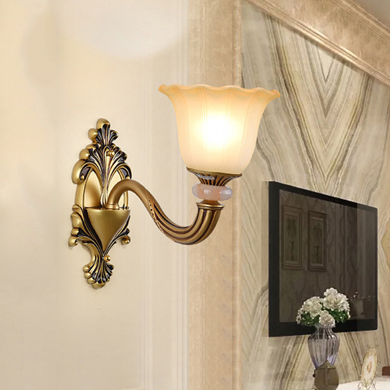 1/2-Head Wall Light Sconce Traditional Flower-Shape Opal Glass Up Wall Mount Lamp Fixture in Brass 1.0 Brass A Clearhalo 'Wall Lamps & Sconces' 'Wall Lights' Lighting' 810140