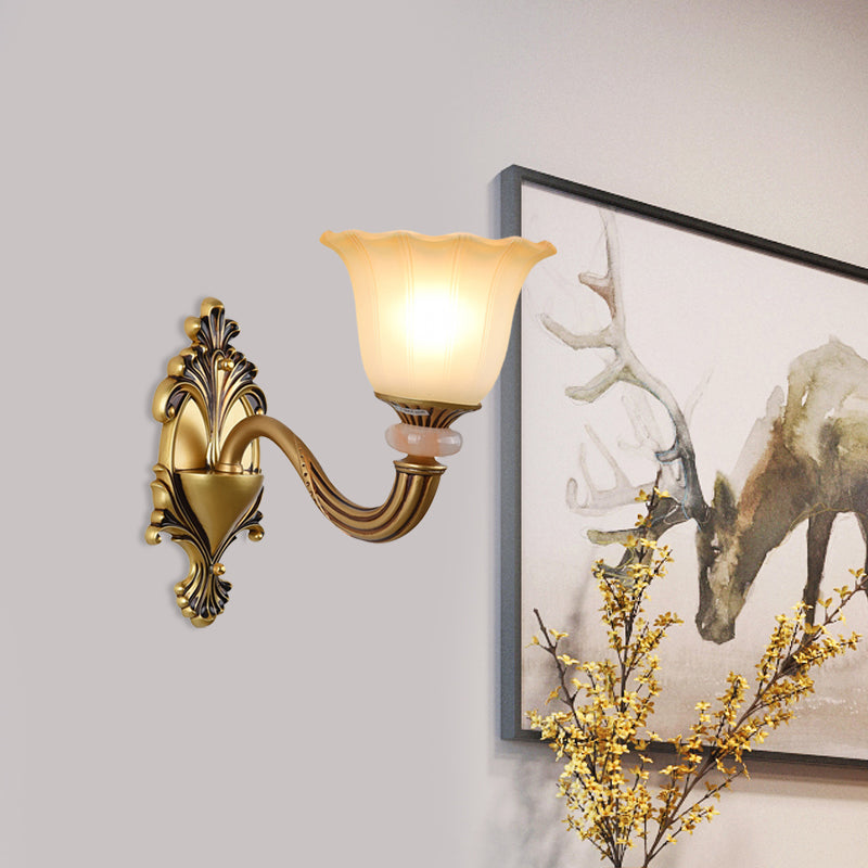 1/2-Head Wall Light Sconce Traditional Flower-Shape Opal Glass Up Wall Mount Lamp Fixture in Brass Clearhalo 'Wall Lamps & Sconces' 'Wall Lights' Lighting' 810141