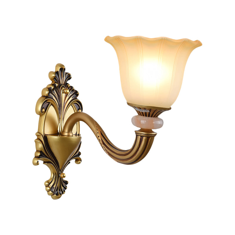 1/2-Head Wall Light Sconce Traditional Flower-Shape Opal Glass Up Wall Mount Lamp Fixture in Brass Clearhalo 'Wall Lamps & Sconces' 'Wall Lights' Lighting' 810142