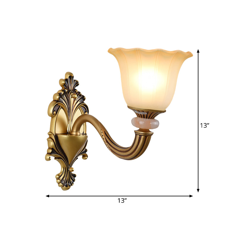 1/2-Head Wall Light Sconce Traditional Flower-Shape Opal Glass Up Wall Mount Lamp Fixture in Brass Clearhalo 'Wall Lamps & Sconces' 'Wall Lights' Lighting' 810143