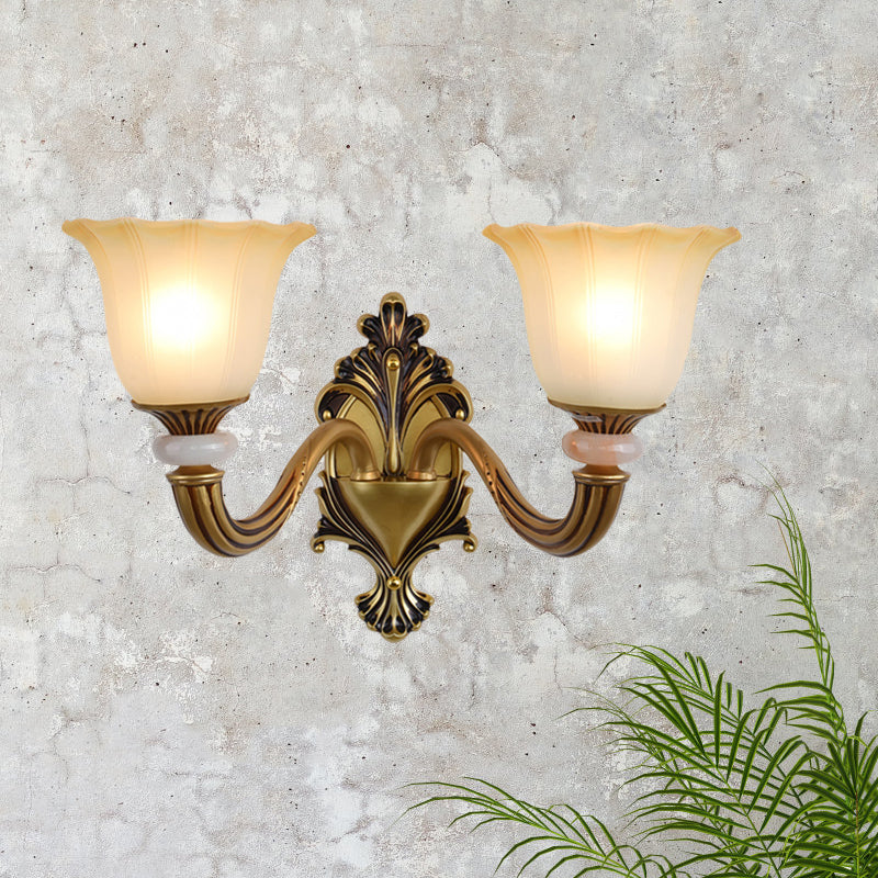 1/2-Head Wall Light Sconce Traditional Flower-Shape Opal Glass Up Wall Mount Lamp Fixture in Brass 2.0 Brass A Clearhalo 'Wall Lamps & Sconces' 'Wall Lights' Lighting' 810144