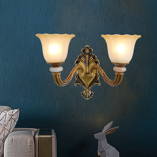 1/2-Head Wall Light Sconce Traditional Flower-Shape Opal Glass Up Wall Mount Lamp Fixture in Brass Clearhalo 'Wall Lamps & Sconces' 'Wall Lights' Lighting' 810145