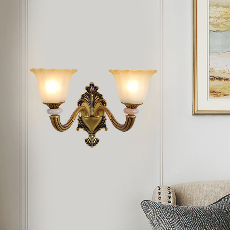 1/2-Head Wall Light Sconce Traditional Flower-Shape Opal Glass Up Wall Mount Lamp Fixture in Brass Clearhalo 'Wall Lamps & Sconces' 'Wall Lights' Lighting' 810146