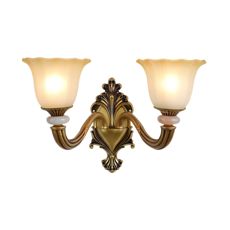 1/2-Head Wall Light Sconce Traditional Flower-Shape Opal Glass Up Wall Mount Lamp Fixture in Brass Clearhalo 'Wall Lamps & Sconces' 'Wall Lights' Lighting' 810147