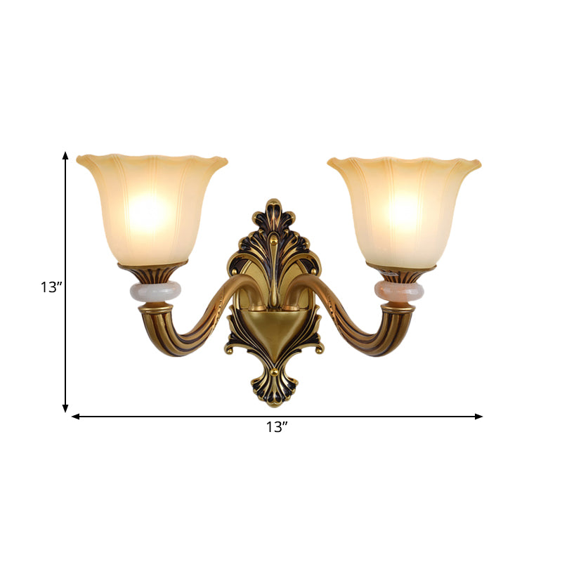 1/2-Head Wall Light Sconce Traditional Flower-Shape Opal Glass Up Wall Mount Lamp Fixture in Brass Clearhalo 'Wall Lamps & Sconces' 'Wall Lights' Lighting' 810148