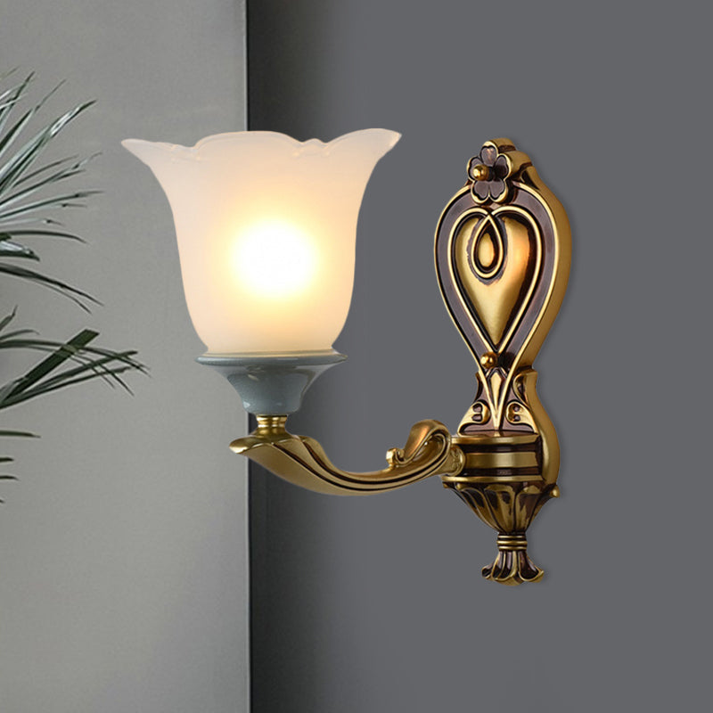 1/2-Head Wall Light Sconce Traditional Flower-Shape Opal Glass Up Wall Mount Lamp Fixture in Brass 1.0 Brass B Clearhalo 'Wall Lamps & Sconces' 'Wall Lights' Lighting' 810149