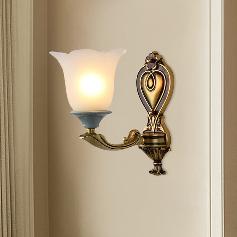 1/2-Head Wall Light Sconce Traditional Flower-Shape Opal Glass Up Wall Mount Lamp Fixture in Brass Clearhalo 'Wall Lamps & Sconces' 'Wall Lights' Lighting' 810150