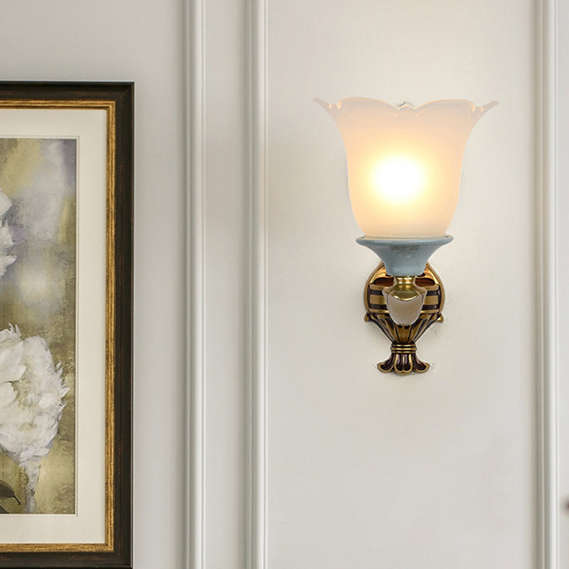 1/2-Head Wall Light Sconce Traditional Flower-Shape Opal Glass Up Wall Mount Lamp Fixture in Brass Clearhalo 'Wall Lamps & Sconces' 'Wall Lights' Lighting' 810151