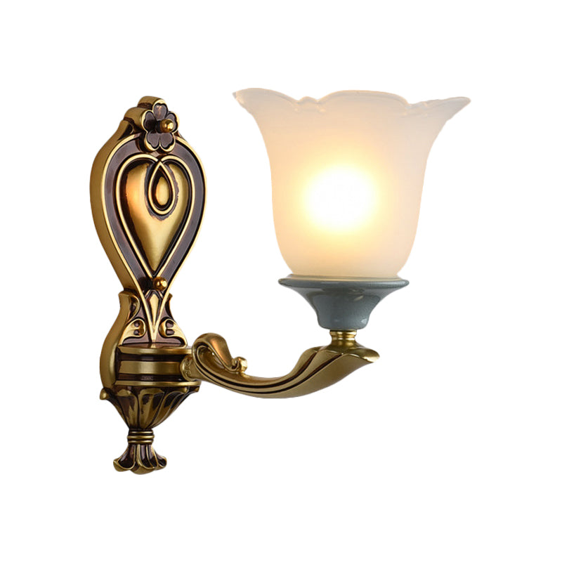 1/2-Head Wall Light Sconce Traditional Flower-Shape Opal Glass Up Wall Mount Lamp Fixture in Brass Clearhalo 'Wall Lamps & Sconces' 'Wall Lights' Lighting' 810152