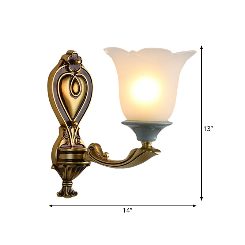 1/2-Head Wall Light Sconce Traditional Flower-Shape Opal Glass Up Wall Mount Lamp Fixture in Brass Clearhalo 'Wall Lamps & Sconces' 'Wall Lights' Lighting' 810153