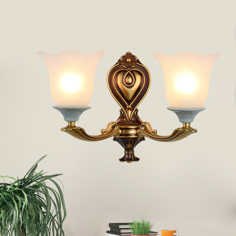 1/2-Head Wall Light Sconce Traditional Flower-Shape Opal Glass Up Wall Mount Lamp Fixture in Brass 2.0 Brass B Clearhalo 'Wall Lamps & Sconces' 'Wall Lights' Lighting' 810154