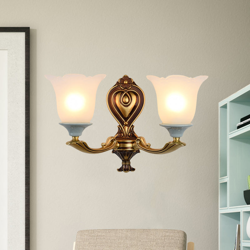 1/2-Head Wall Light Sconce Traditional Flower-Shape Opal Glass Up Wall Mount Lamp Fixture in Brass Clearhalo 'Wall Lamps & Sconces' 'Wall Lights' Lighting' 810155