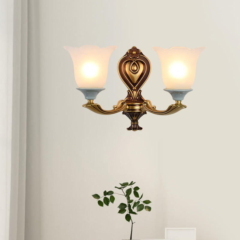 1/2-Head Wall Light Sconce Traditional Flower-Shape Opal Glass Up Wall Mount Lamp Fixture in Brass Clearhalo 'Wall Lamps & Sconces' 'Wall Lights' Lighting' 810156