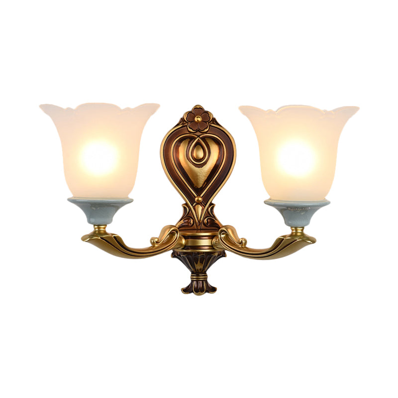 1/2-Head Wall Light Sconce Traditional Flower-Shape Opal Glass Up Wall Mount Lamp Fixture in Brass Clearhalo 'Wall Lamps & Sconces' 'Wall Lights' Lighting' 810157