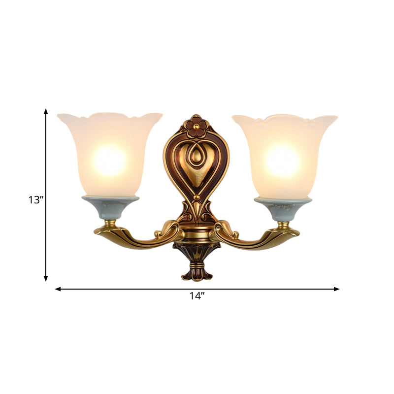 1/2-Head Wall Light Sconce Traditional Flower-Shape Opal Glass Up Wall Mount Lamp Fixture in Brass Clearhalo 'Wall Lamps & Sconces' 'Wall Lights' Lighting' 810158